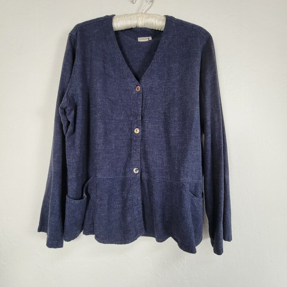 Kleen Womens Linen Blend Navy Cardigan Sweater Size 1 Button Front Pockets